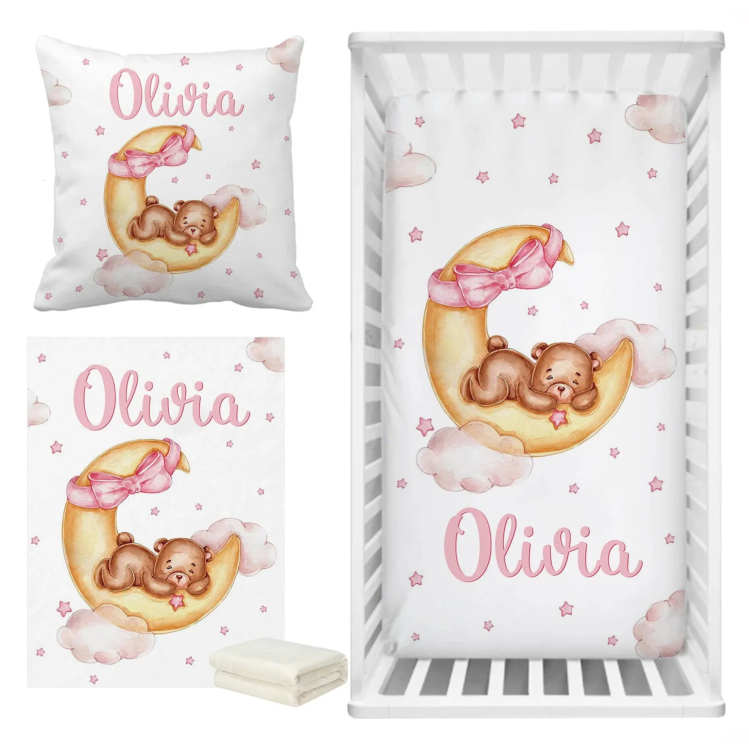 Lvyziho conjunto de cama de berço com nome personalizado, lua e estrelas, chá de bebê, lençol personalizado para meninas 240127