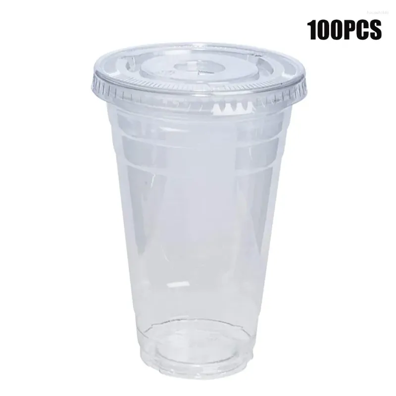 Disposable Cups Straws 100 Sets Cup With Dome Lid Plastic Iced Cold Drink Coffee Tea Smoothie Transparent Non-slip Home Portable Accessories