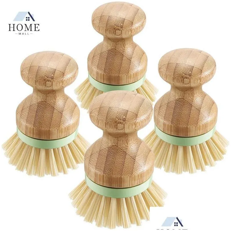 クリーニングブラシNewbamboo Wood Round Mini Palm Scrub Brush Stiff Bristles Wet Cleaning Wash Dishes Pots Pan