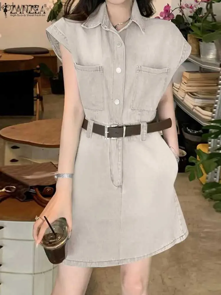 基本的なカジュアルドレスミニドレスファッションザンゼア原因貨物ラペルカラーサンドレス2024夏のウエストポケットローブビンテージの袖なしドレスYQ240201