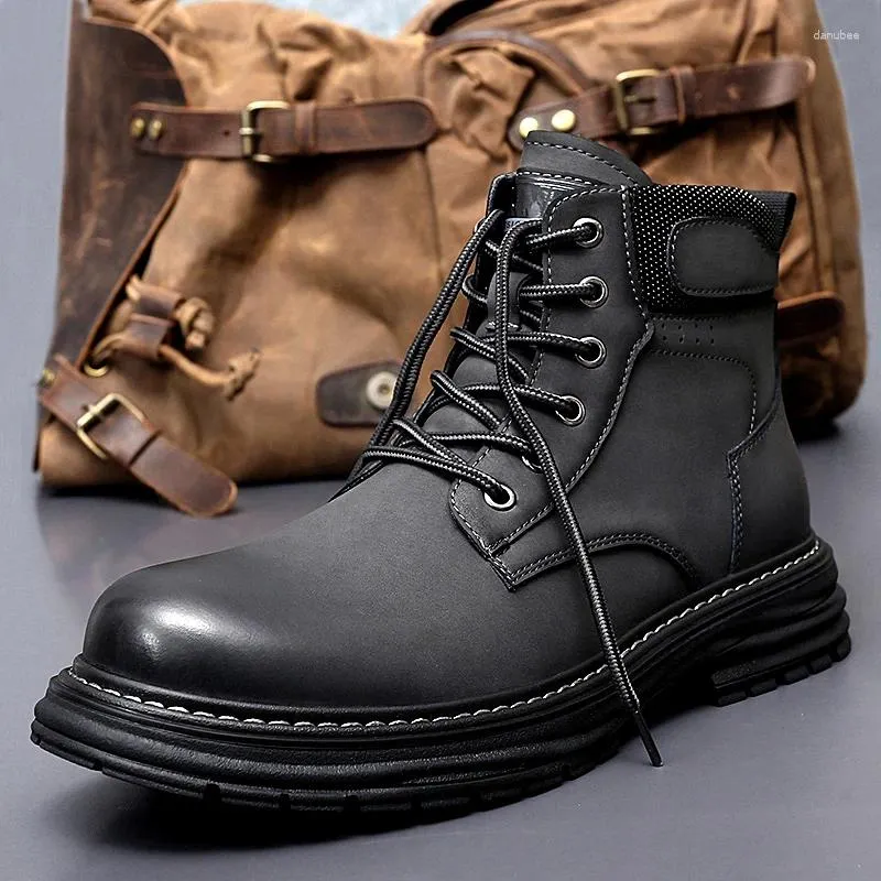 Мужские трендовые кожаные ботинки цвета хаки, серые рабочие мужские брендовые модные ковбойские мужские резиновые туфли в стиле ретро