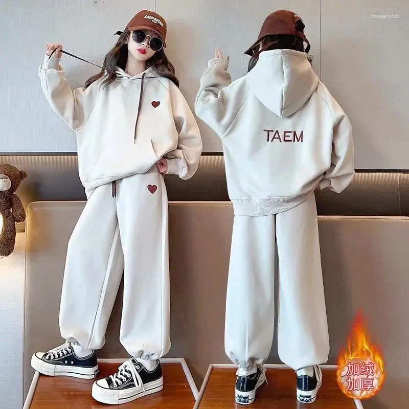 Zestawy odzieżowe Dziewczyny zima jesienna moda inshing ootd w stylu koreański 2pcs grube ciepłe spodnie z kapturem garnitury 6-14 lat ubrania dla dzieci