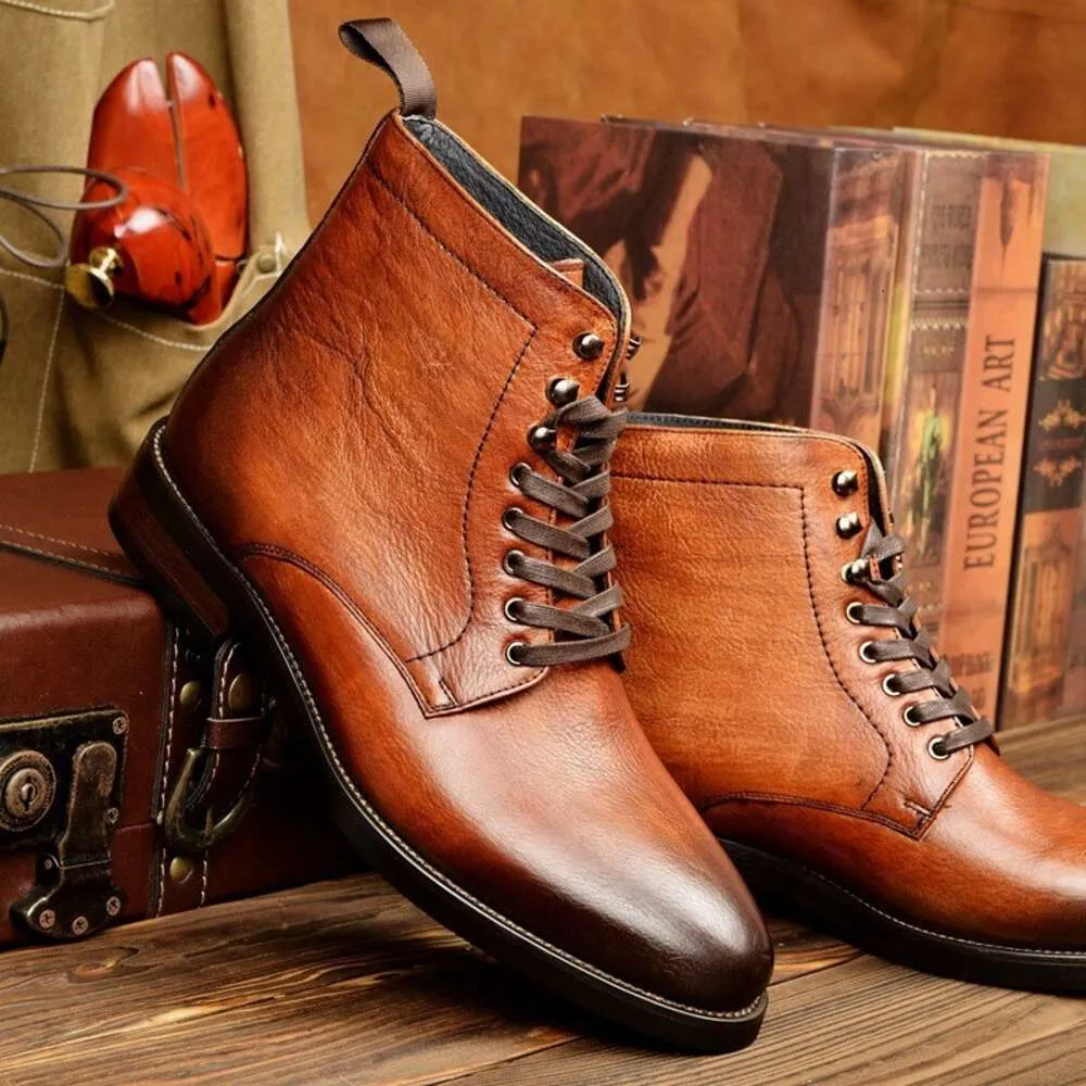 Mode cheville hommes en cuir véritable à lacets noir marron robe pour chaussure formelle bottes pointues hommes