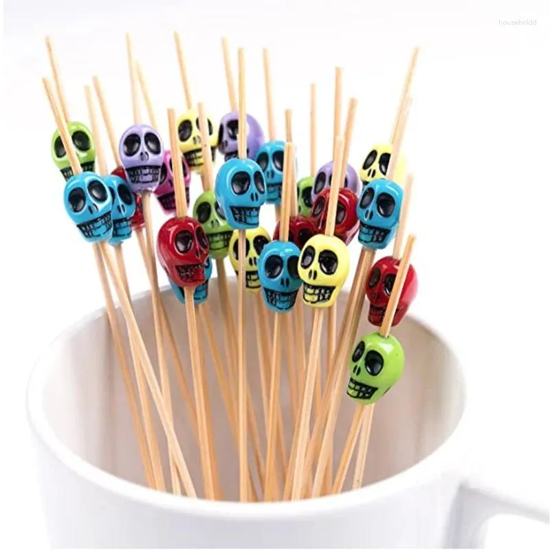 Party Decoration Halloween Decorations Skull Bamboo Pick Buffet Fruit Fork Dessert Stick Cocktail Spett Disposable Toothpick 50pcs