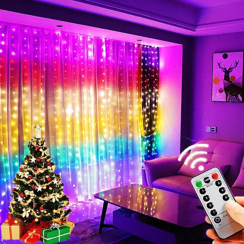 Curtain LED String Lights Festival Christmas Decoration Remote Control Fairy Garland Lamp for Holiday Party Wedding Bedroom Home