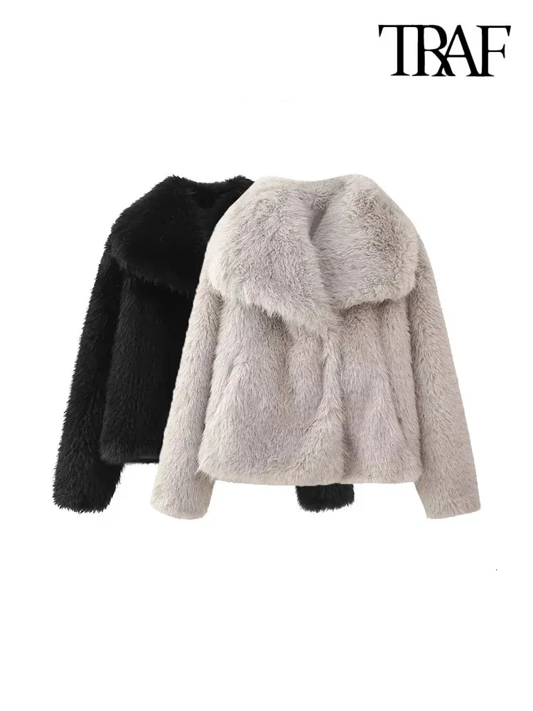 TRAF-Cropped Faux Fur Jas voor Vrouwen Dikke Warme Jas Lange Mouw Drukknoop Vrouwelijke Bovenkleding Chic Tops Mode 240122