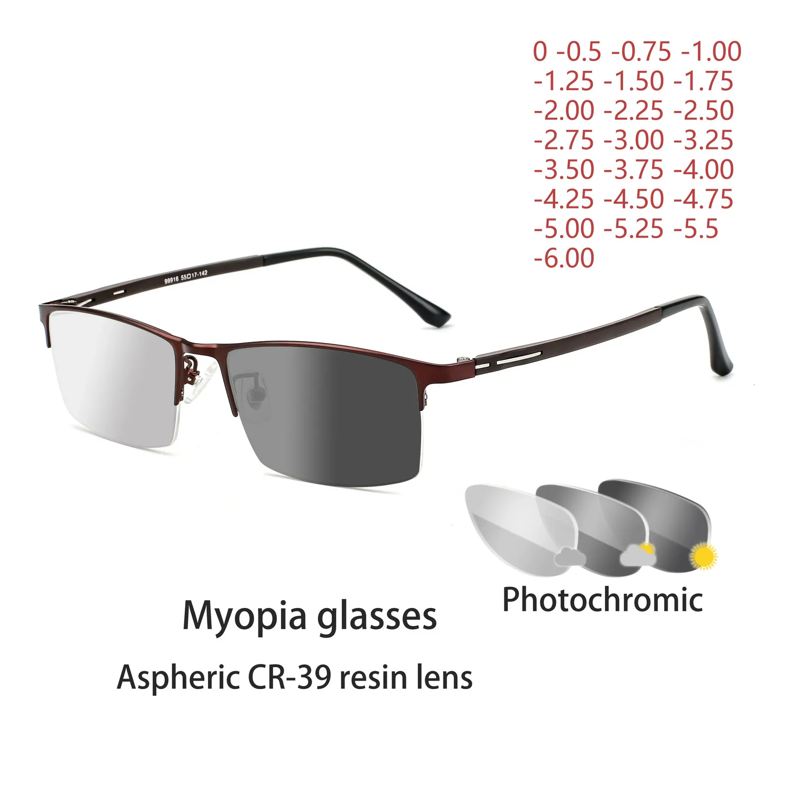 Pochromic Eye Glasses Men Women Myopia Eyeglasses Finished Glasses Students Short Sight Eyewear 0 -0.5 -1 -1.25 -1.5 -1.75 -6 240201