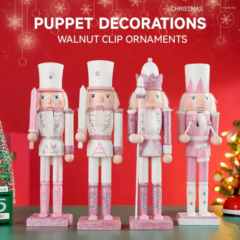 Decorative Figurines 30CM Wooden Nutcracker Solider Figurine Puppet Pink Glitter Soldier Doll Toy Handcraft Ornament Christmas Home Office