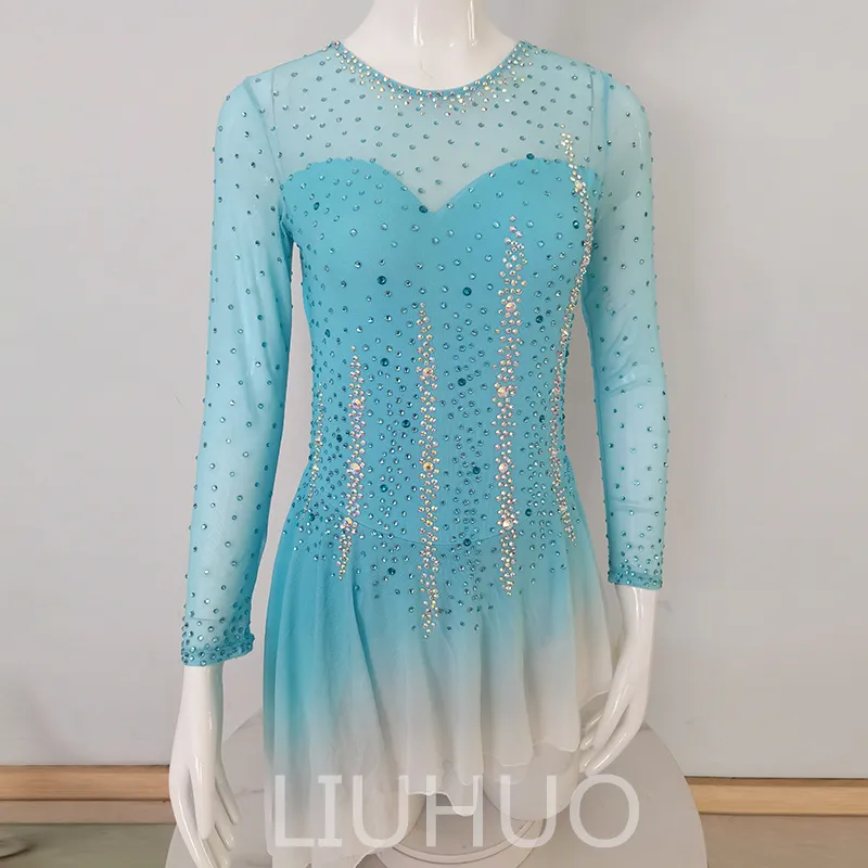 LIUHUO Personalizza I Colori Vestito da Pattinaggio di Figura Ragazze Adolescenti Gonna da Ballo Pattinaggio su Ghiaccio Verde-Blu Cristalli di Qualità Elastico Spandex Abbigliamento da Ballo Performance di Balletto