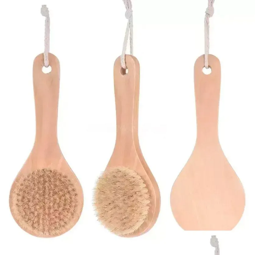 Spazzole da bagno, spugne Scrubber Bagno asciutto Spazzola per il corpo Scrubber per la schiena Antiscivolo Manico corto in legno Setole naturali Doccia esfoliante Dhzsr