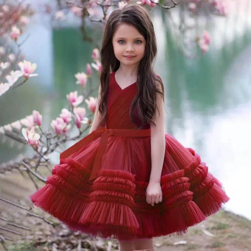 Fluffy Tulle Girl Party Dress Red Bow Birthday Bridesmaid Princess Dress for Girls Children Cake Wedding Gown Christmas Vestidos 240131