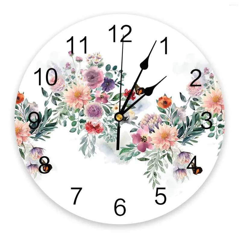 Wall Clocks Watercolor Leaves Plants Flowers Butterflies Printed Clock Modern Silent Living Room Home Decor Hanging Watch