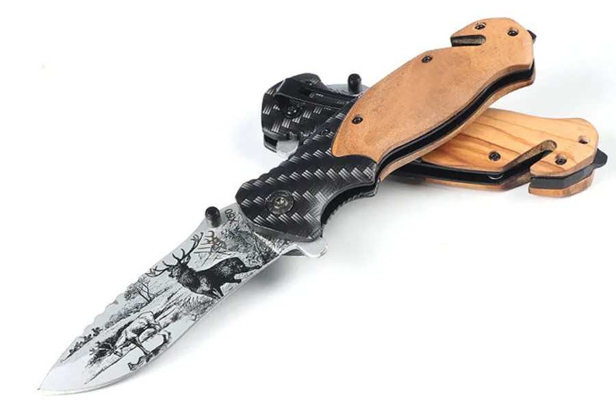 BRX50 Couteau pliant assisté Flipper 440C 3D Titanium Coated Drop Point Blade Wood avec poignée en tôle d'acier Couteaux de poche EDC Outils