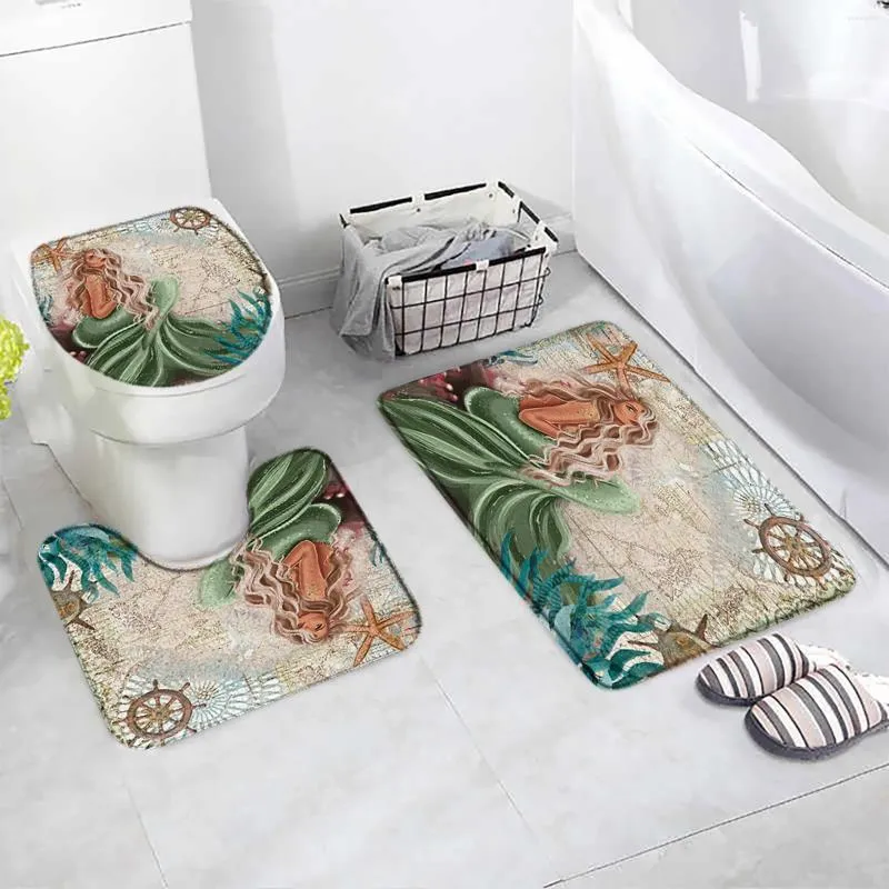 Bath Mats Mermaid Octopus 3 Pcs Set Mat Turtle Retro Wood Grain Anti Slip Bathroom Rugs Accessories Sets Washable Carpet