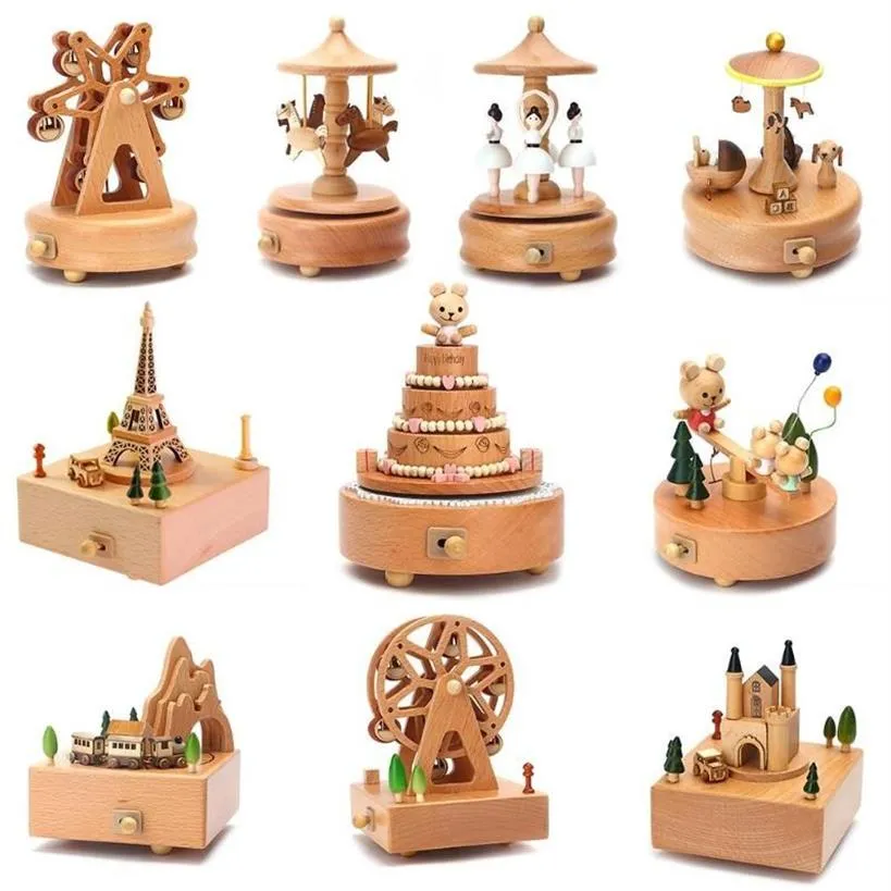 Grande roue carrousel boîtes à musique boîte à musique en bois artisanat en bois rétro cadeau d'anniversaire Vintage décoration de la maison accessoires 30p223H