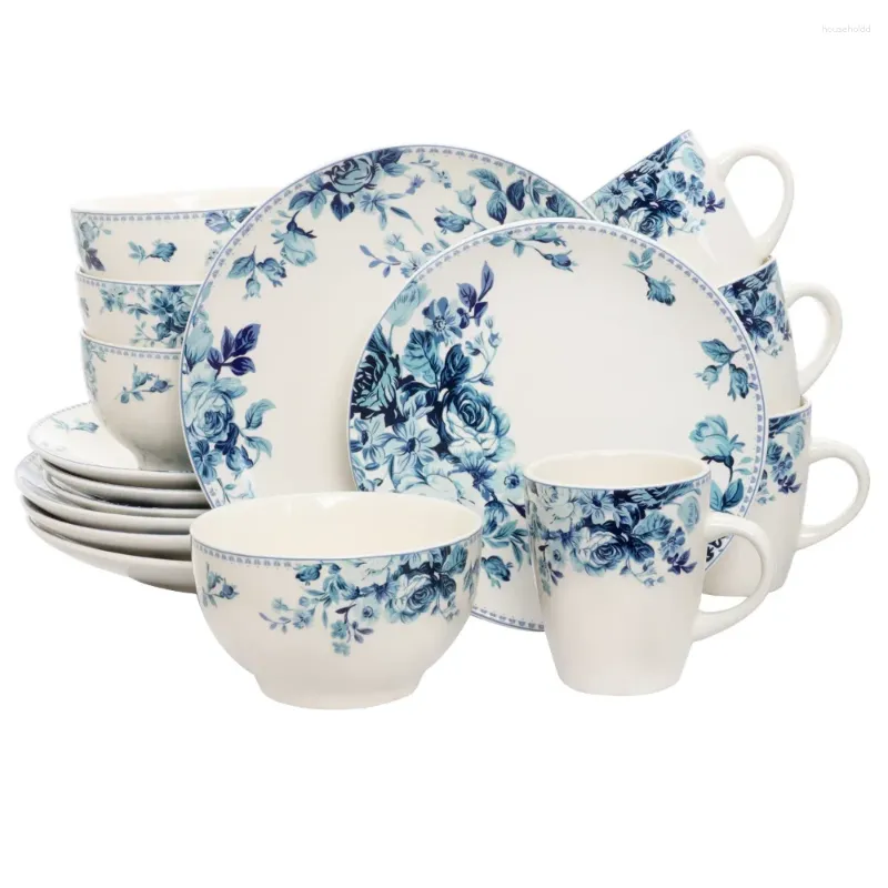 Assiettes Service de table élégant traditionnel 16 pièces Blue Rose