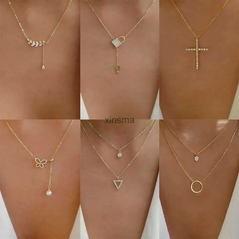 Chokers eenvoudige glanzende kristalkruis hanger ketting dames retro geometrische persoonlijkheid goud kleur charme kettingen meisjes mode sieraden yq240201