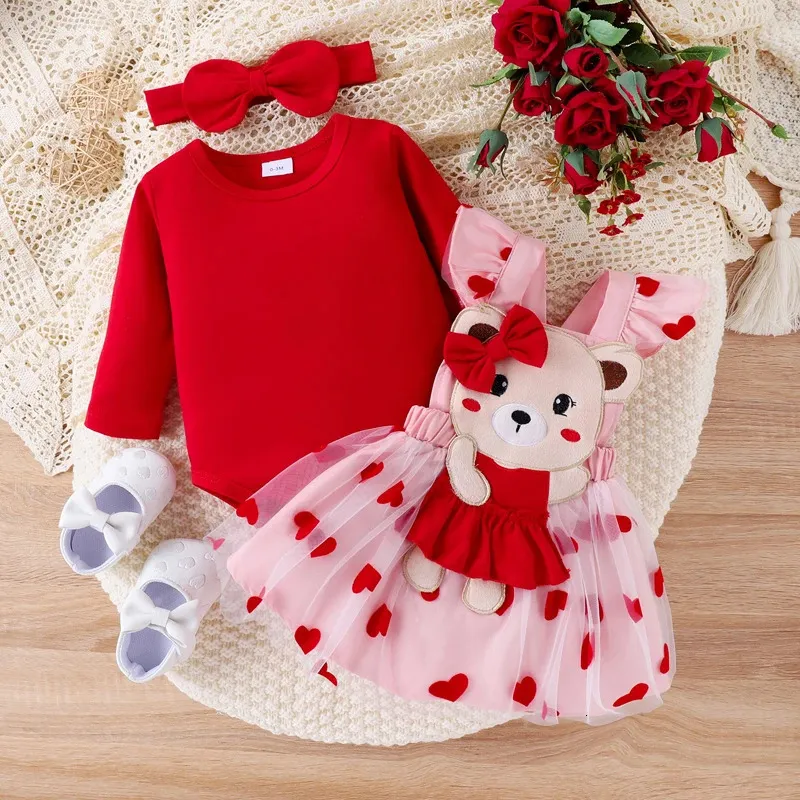 ma bébé 0-18M Noël né infantile bébé fille vêtements ensemble à manches longues rouge barboteuse coeur imprimé jupe bandeau costumes de noël D05 240123