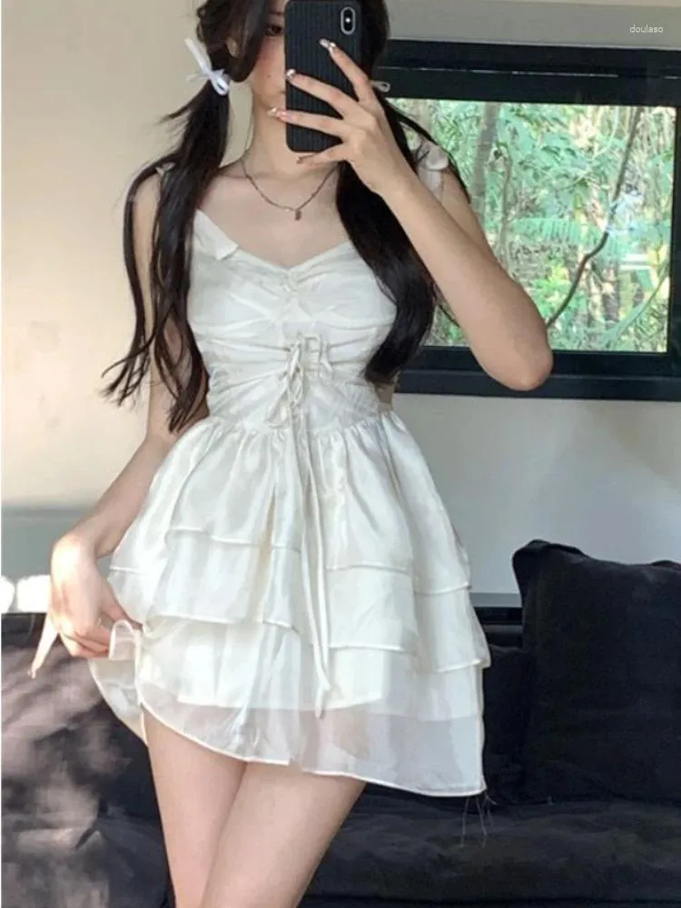 Casual Dresses Deeptown Fairycore White Princess Birthday Dress Women French Sweet Kawaii Y2k Ruffles Lace Up Backless Tunic Mini Slip