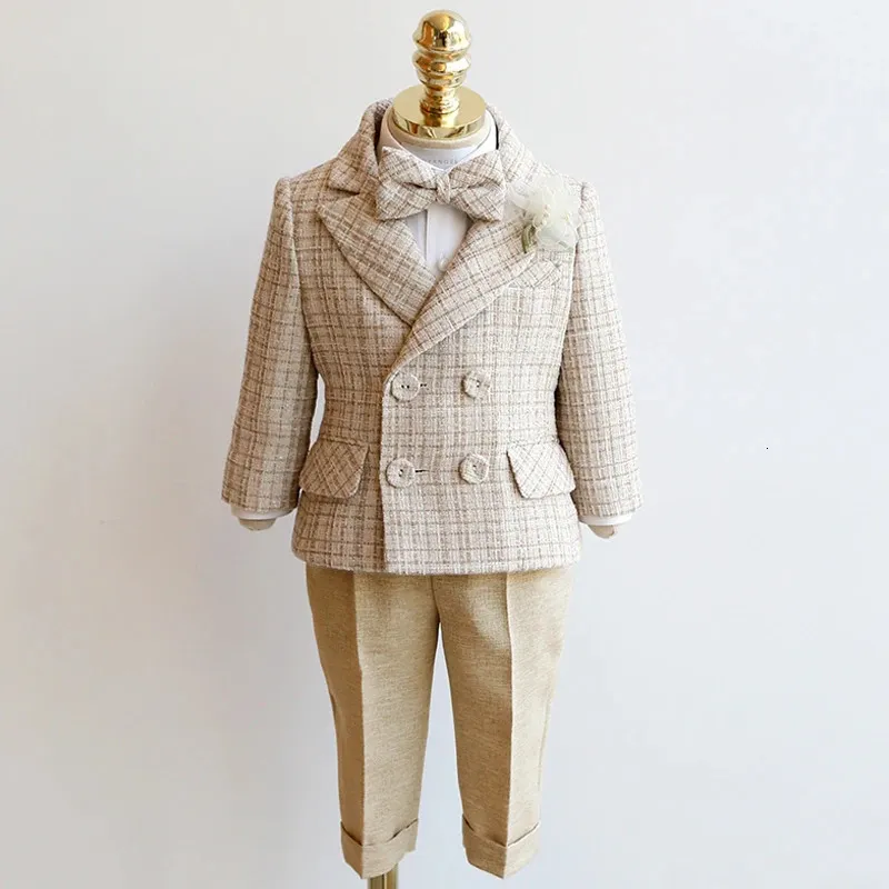 Barn Houndstooth Formal Suit Set Boys Wedding Birthday Party Champagne Costume Barn Double Breasted Blazer Pants kläder 240119