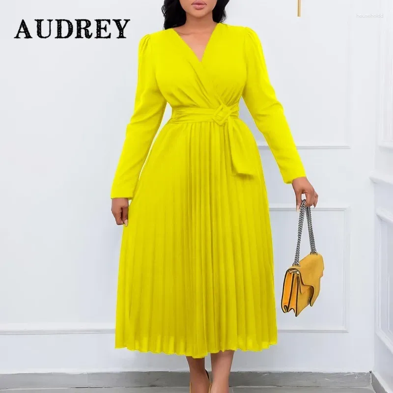 Plus Size Dresses Slim Pleated Belt Dress Women V-neck Ruffle Long Sleeve A-Line Female Solid Elegant Party Loose Maxi