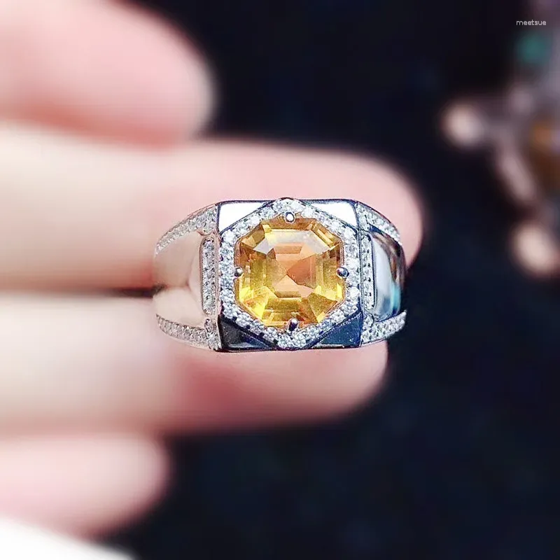 Bagues de cluster Hommes Bague Naturel Véritable Jaune Citrine Hexagone 925 Sterling Argent 8 8mm 2.5ct Pierres Précieuses Fine Bijoux Pour Femmes X21956