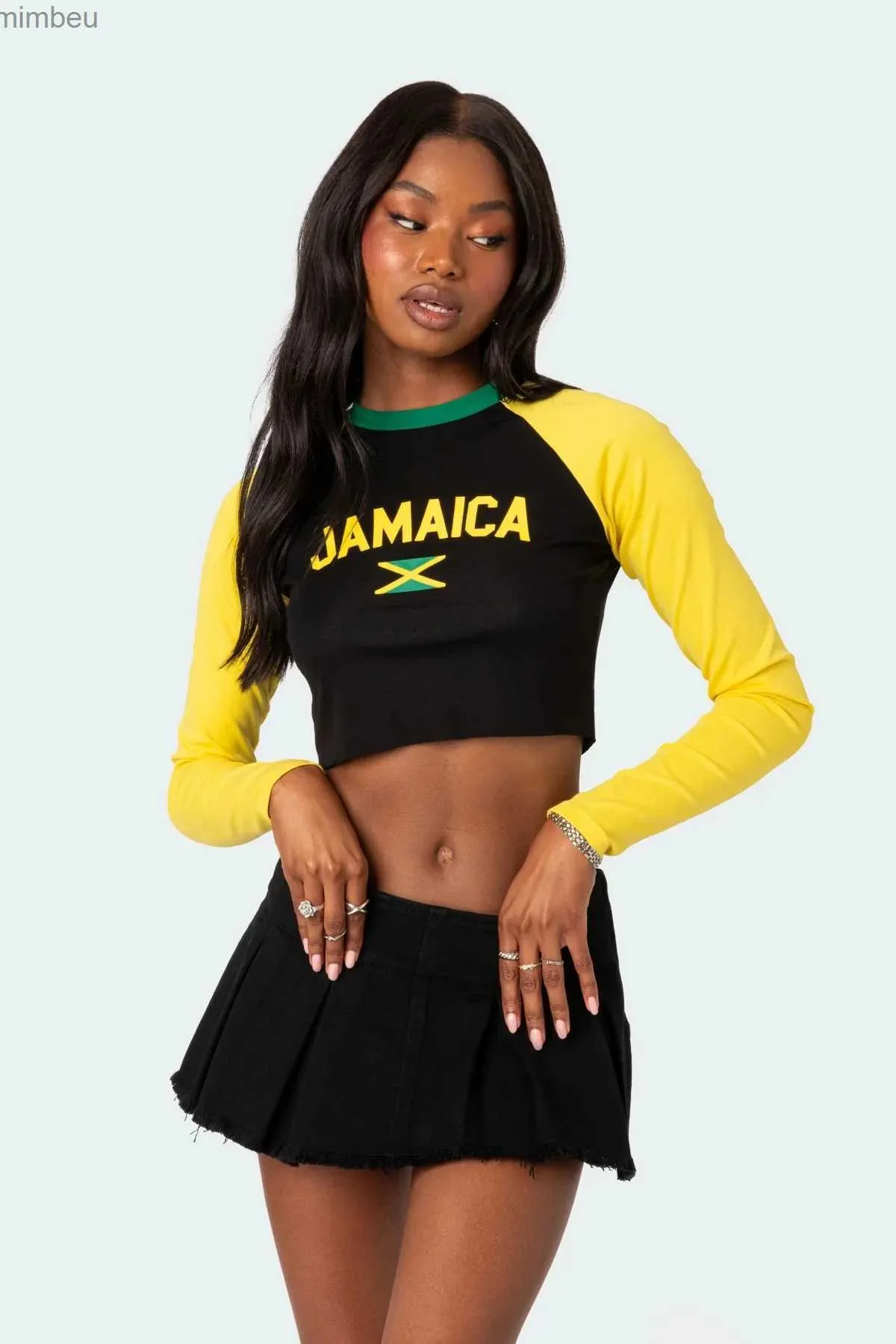 女性用TシャツY2Kレディーストップファッションハイストリート長袖セクシーなジャマイカレタープリントカットトップスリムフィットレトロパーソナライズされたノベルティL240201