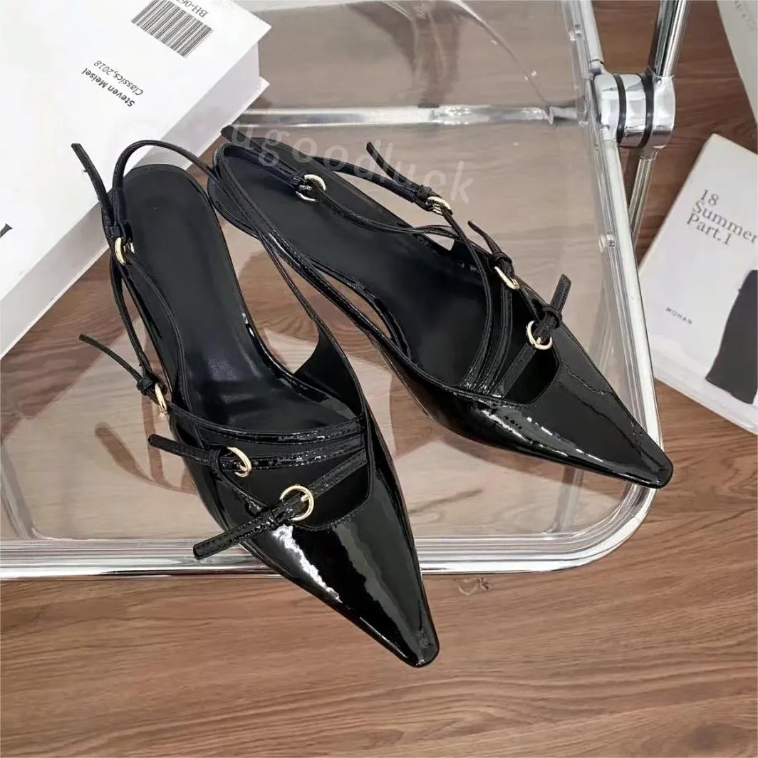 Designer Miui High Heel Dress Shoe Women Spring Fashion Sexy Genuine Leather Sandals Luxury Thin Heel Pointed Toes 5cm Women Sandal Vintage Party Runway Shoe