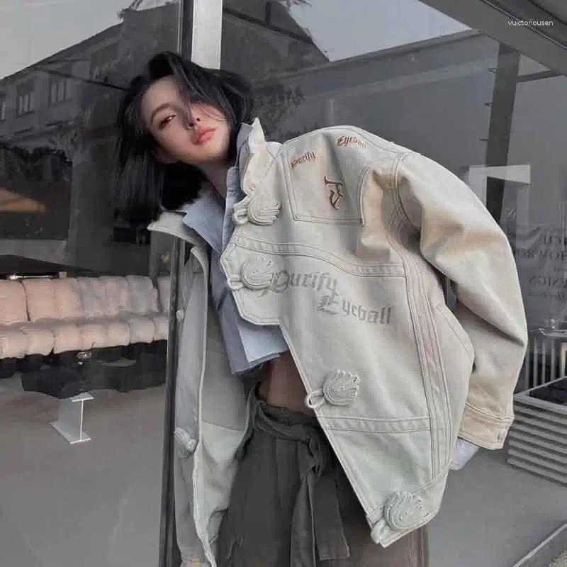 Kvinnors jackor Autumn Vintage High Street Personlig och enkel kinesisk stil PAN -knapp flip krage broderad avslappnad arbetsjacka