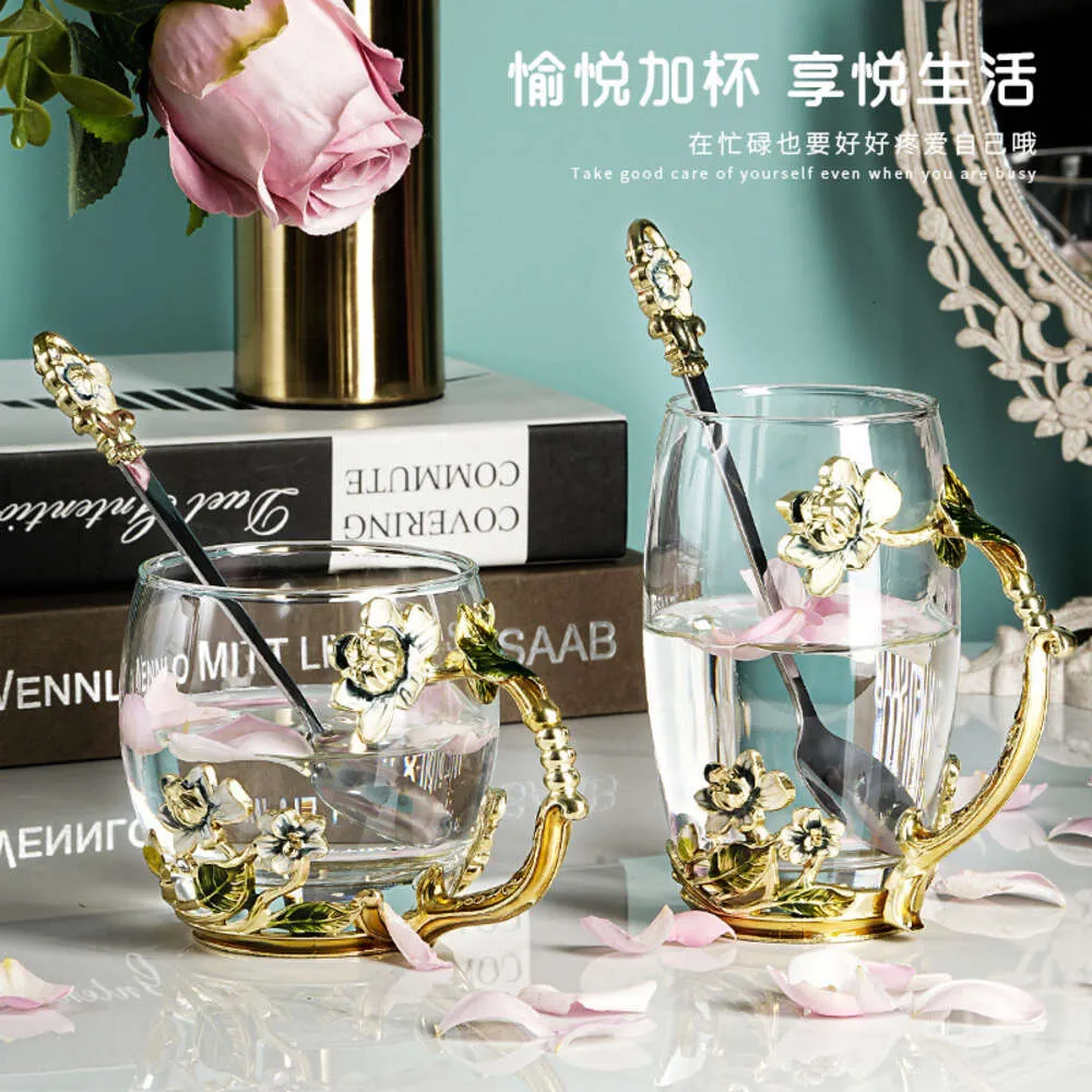 Emaljfärgad vatten kopp värmebeständig glas kopp blomma te kopp jasmine familje kopp set kreativ ny kaffekopp