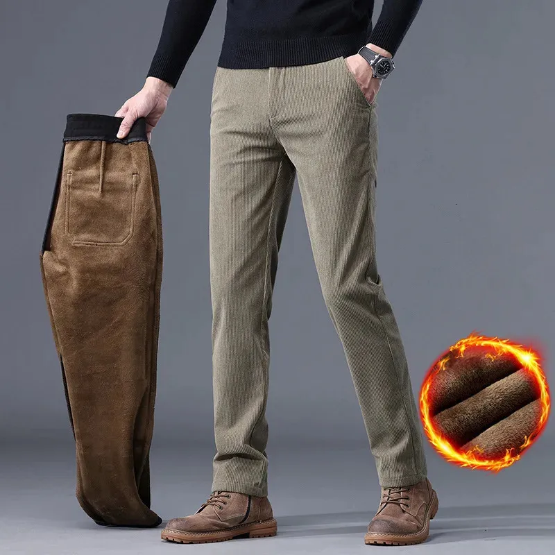 2023 Hommes thermique hiver neige chaud en peluche pantalon hommes d'affaires lâche droit velours côtelé pantalons décontractés hommes polaire épais pantalons longs 240125