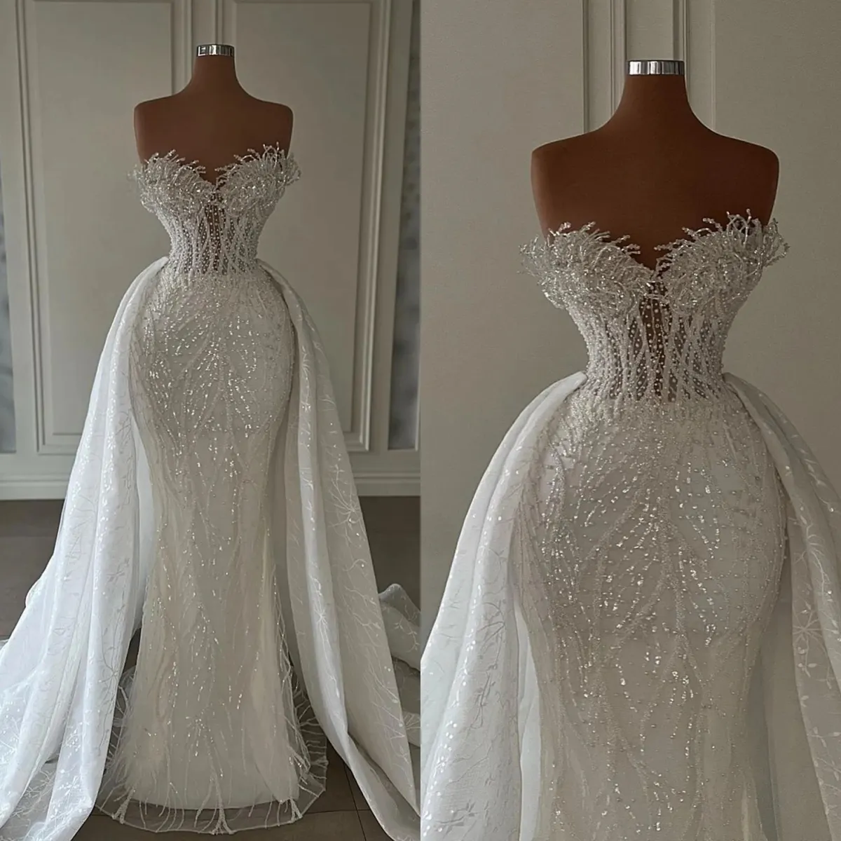 Glamouröse Spitze-Brautkleider, trägerloses Perlen-Hochzeitskleid, nach Maß, mit Pailletten und abnehmbarer Schleppe, Brautkleider, Vestido de Novia