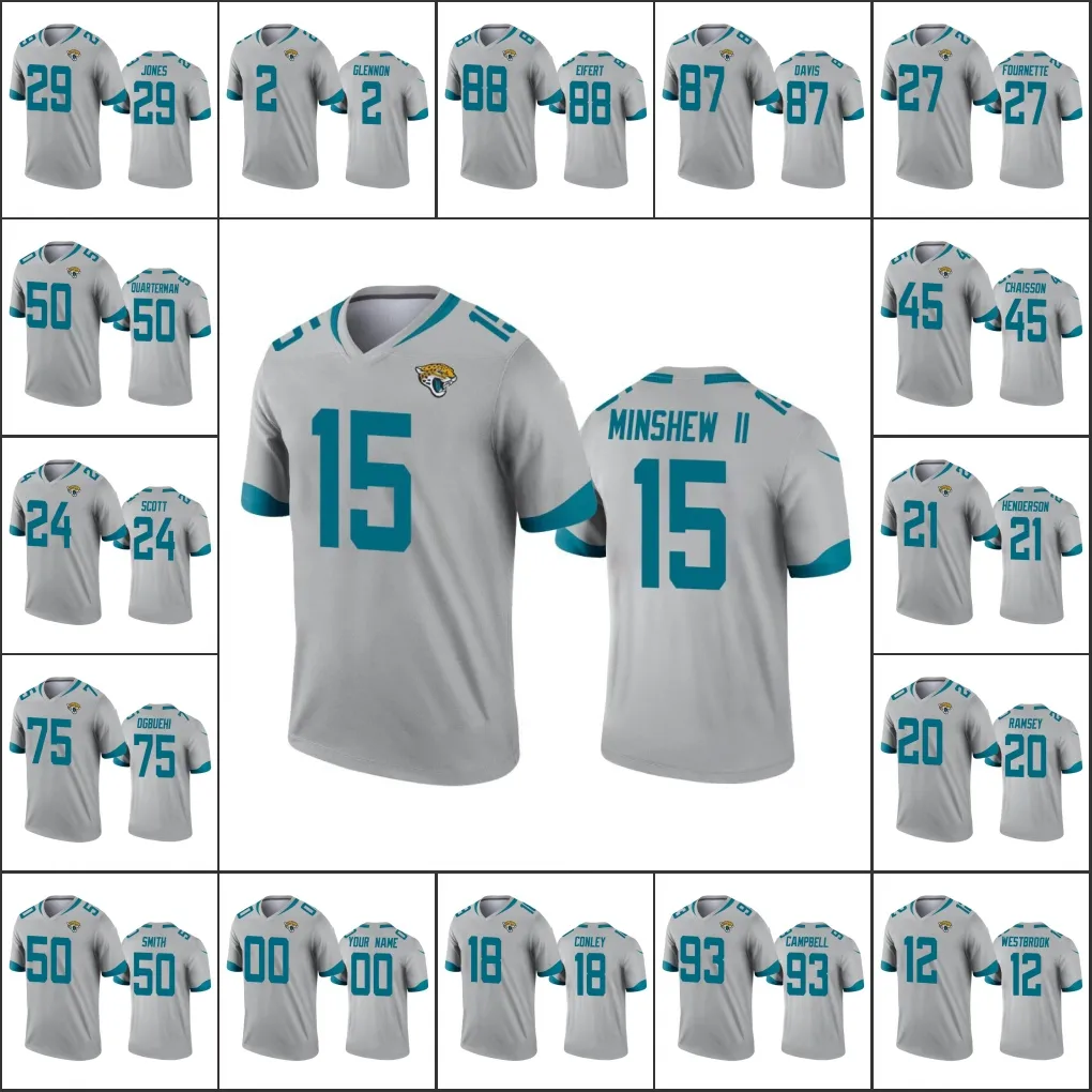 Jacksonville''Jaguars''Men #45 K'Lavon Chaisson 15 Gardner Minshew 20 Jalen Ramsey Custom Women Youth Silver Inverted Jersey