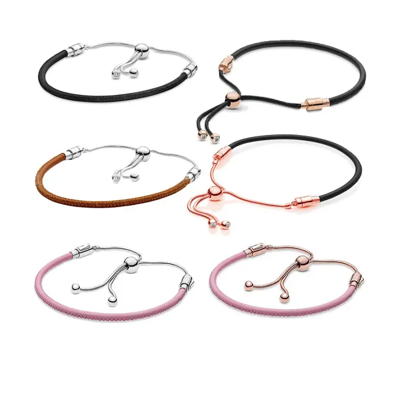 Strands Moments Series Bracciale in pelle rosa nera per donne uomini 925 Sterling in argento scorrevole Sliding di San Valentino Regalo di San Valentino Gioielli