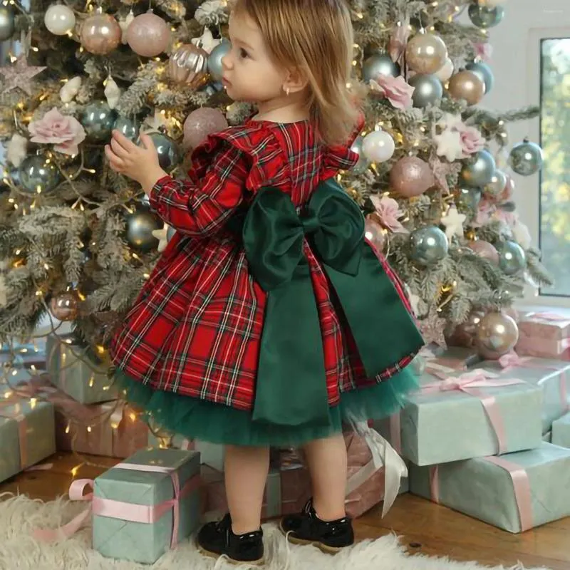 Abiti da ragazza 1-6 anni Moda Bambini Abito natalizio Autunno Ragazze Principessa Manica lunga Plaid Bowknot Tulle Abito da ballo per bambini