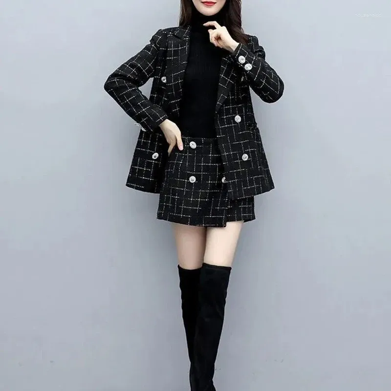 Trajes de mujer Houndstooth Plaid Abrigo y pantalones cortos Set para mujeres Blazer de lana Chaqueta suelta Traje vintage Otoño Invierno 2 PCS 2024