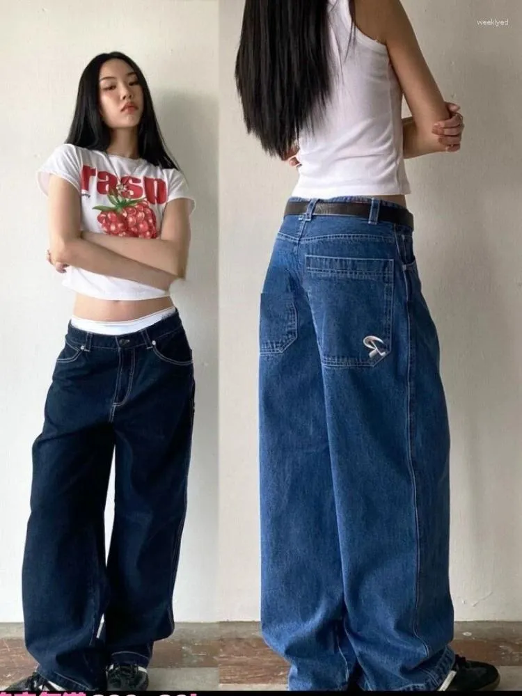 Women's Pants American Street Vintage Denim Y2k E-Girl Pocket Embroidery Straight Trousers Spring Loose Wide Leg Women