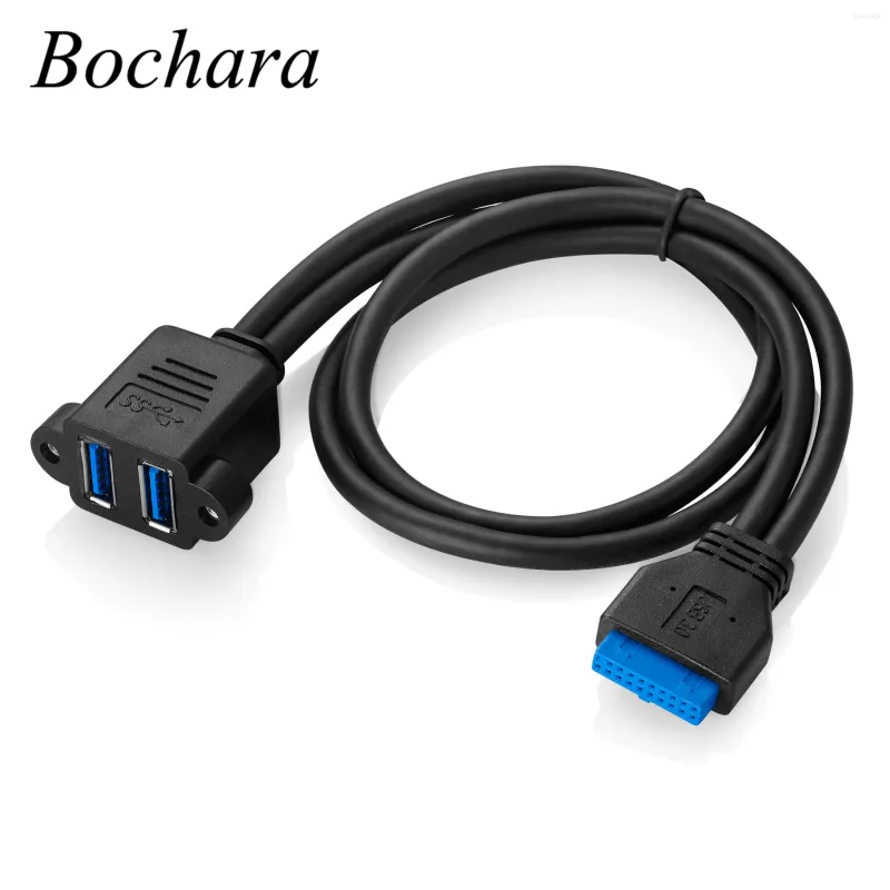 Bochara MotherBoard 20Pin To Dual USB 3.0 Female Data Cable Foil Braided Shielded With Screw Panel Mount 50cm