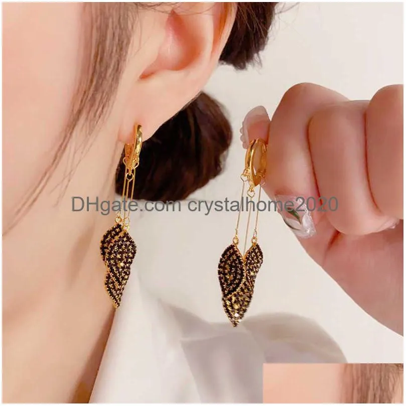 Charm 2022 New Niche Design Super Shiny Rhinestones Leaf Long Tassel Ear Button Personality Premium Eardrop Drop Delivery Dhlae