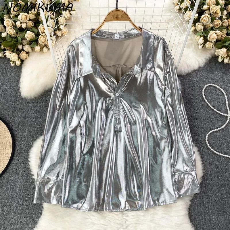 Kvinnors blusar nomikuma Autumn Fashion Satin Silver Blue Women 2024 Causal Chic Topps Korean långärmad Turn-down krage skjortor