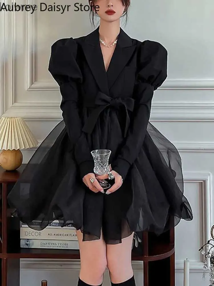 Базовые повседневные платья Корейское черное мини-блейзерное платье Женское элегантное винтажное шикарное сетчатое платье Y2k Зимнее повседневное вечернее платье с поясом One Piece YQ240201