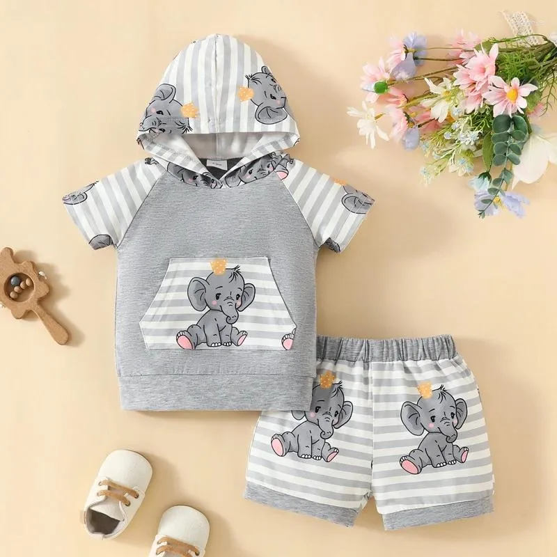 Kledingsets Babyjongensshorts Set met korte mouwen en olifantenprint met capuchon en tops Gestreepte outfits voor peuters