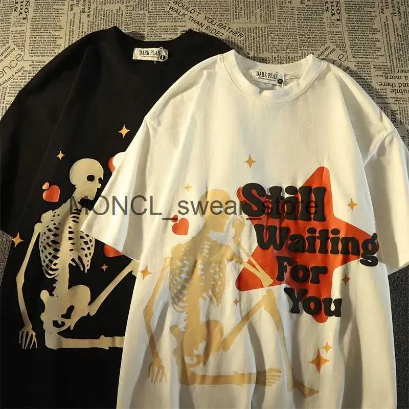 Men's T-Shirts American hiphop retro skeleton cotton short sleeved t-shirts men and women summer loose casual Couple come y2k top clothingH2421