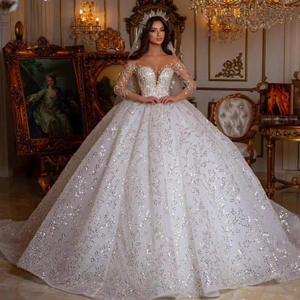 Luxury Glitter Wedding Dress Sparkly Lace Sequins Bridal Gown Classic Ball Gown Long Illusion Bride Robe Vestidos De Novia 2024