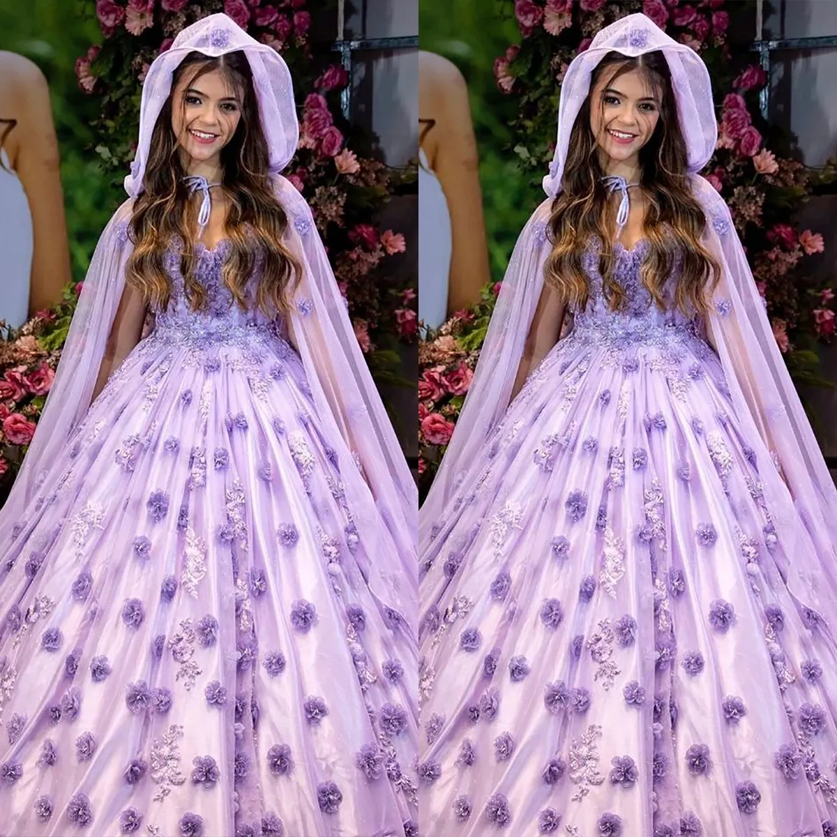 Vestidos florais roxos para meninas, apliques florais 3d, vestidos para concurso com manto, vestido de festa de aniversário infantil