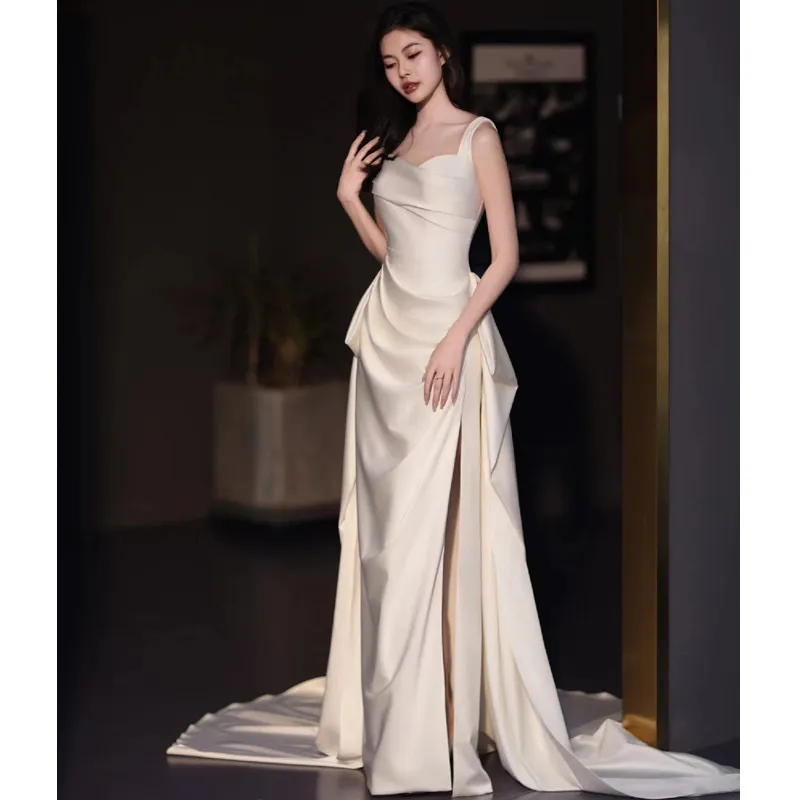 Abiti da sposa a Mermaid Satin con abiti da sposa boho da sposa più dimensioni Vestitido nodia Simple Sexy Spalato Sposa della sposa Seconda abito di accoglienza Vestitidos 403