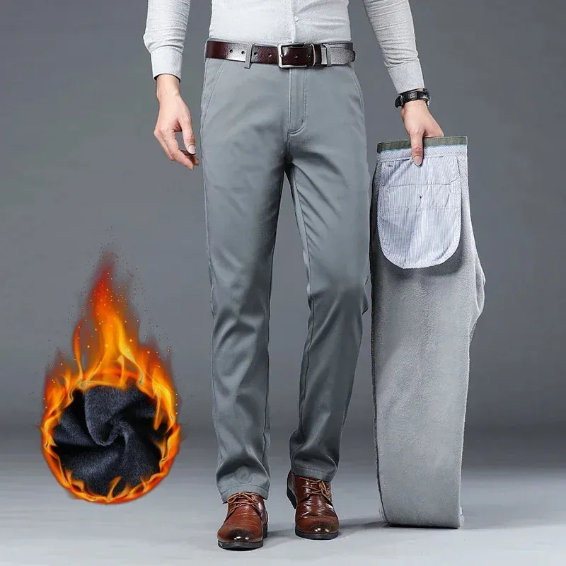 KUBRO Winter Men ciepłe spodnie duże wielkość styl klasyczny moda biznesowa zwykłe grube spodni męska marka Khaki granatowa czarna 240124