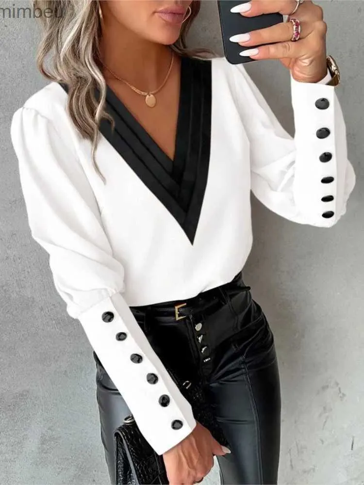 Women's T-Shirt Fashion White Blouse Women 2024 Long Sleeve V Neck Casual Pullover Elegant Office Lady Pink Tops Shirts Femme L240201