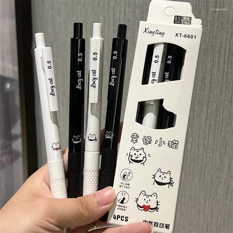 4pcs Cute Pens Lucky Kitten Pen Black Ink Kawaii Ballpoint Aesthetic Stationery School Supplies Set Back To