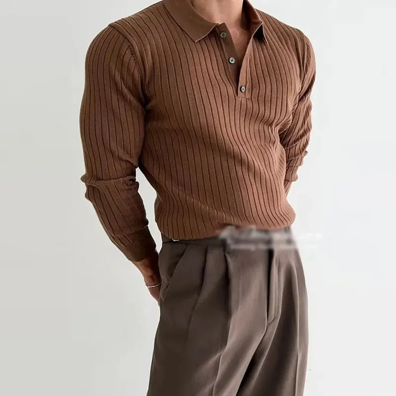 Otoño de manga larga de punto camisa de polo de los hombres de moda acanalado color sólido delgado polo camisetas de punto para hombre casual botón de solapa jerseys 240201